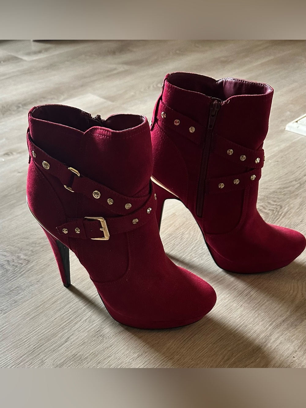 Women’s Red Suede Ankle Booties with Studded Straps